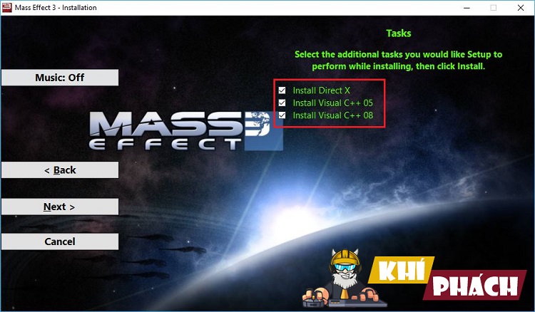 Click những tùy chọn để cài đặt phần mềm yêu cầu để chơi game Mass Effect 3 nhé